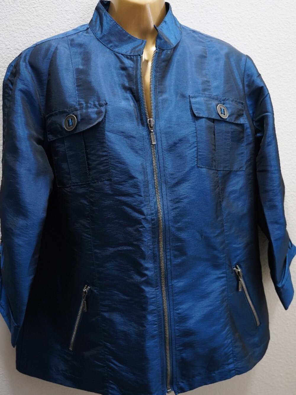 Chicos Blue Metallic Sheen Mandarin Collar Zip Front Jacket size 2
